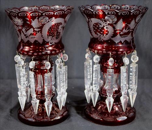 Pair of Bohemian mantle lusters with prisms: Pair of Bohemian cranberry cut to clear mantle lusters with prisms, 10 in T, 6 in. Dia.