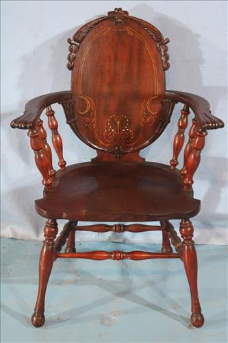 Mahogany arm chair with mother of pearl inlay: Mahogany arm chair with mother of pearl inlay attrib. to Stickley Brant, 38 in. T, 25 in. W, 17 in. D.