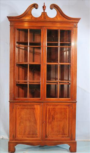 Duncan Phyfe flame inlaid corner cabinet: Duncan Phyfe flame inlaid corner china cabinet by William Kemp, Grand Rapids, MI, 82 in. T, 39 in. W, 26 in. D.