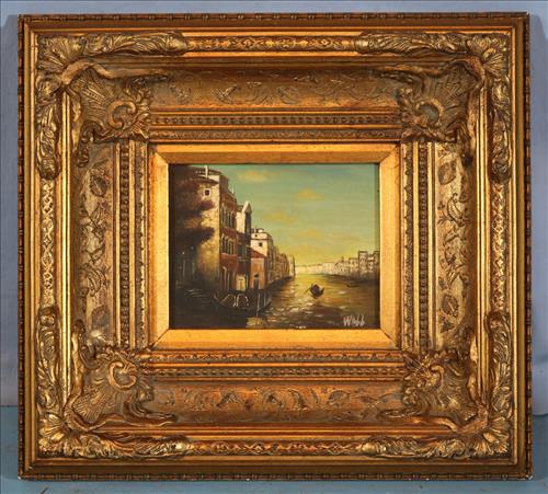 Venice canal scene in gold gilded contemporary frame: Venice canal scene in gold gilded contemporary frame, signed Webb, 20 in. T, 22 in. W.