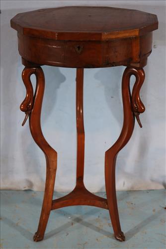 Walnut goose neck sewing stand with lift top: Walnut goose neck sewing stand with lift top and inlay, 28 in. T,17 in. Dia.