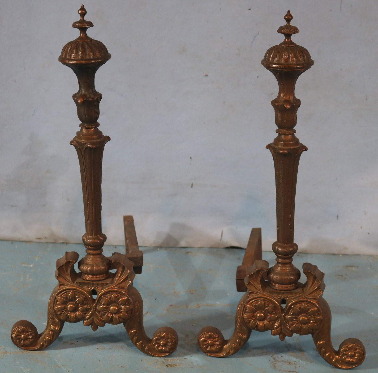 Pair of brass andirons, 23 in. T.: Pair of brass andirons, 23 in. T.