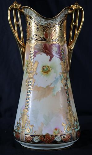 Large hand painted Nippon vase with double handles: Large hand painted Nippon vase with double handles and heavy gold with green Nippon mark, 13 in. T, 8 in. W.