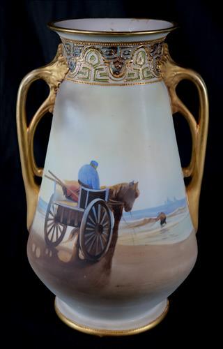 Very large double handle Nippon vase with horse: Very large double handle Nippon vase with painting of horse and cart on beach and green Nippon mark, 13 in. T, 9 in. W.