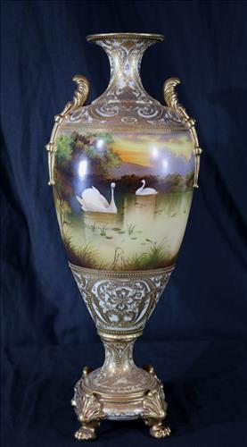 H.P. large Nippon vase signed with maple leaf mark: H.P. large Nippon vase signed with green maple leaf mark and heavy gold beading, 22 in. T. (Vase has repair on one side)