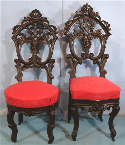 Pair of walnut rococo side parlor chairs: Pair of walnut rococo side parlor chairs, 42 in. T, 17 in. W, 17 in. D.