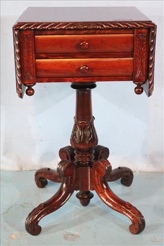 Federal mahogany drop leaf 2 drawer work table: Federal mahogany drop leaf 2 drawer work table, 28 in. T, 19 in. W, 16 in. D.