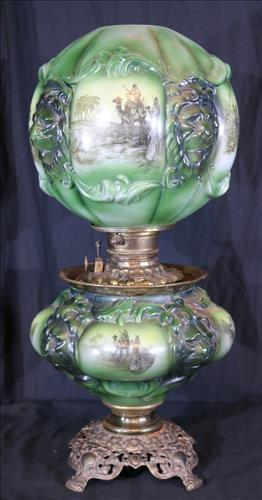 Green oil gone with the wind lamp with scene, 24 in. T.: Green oil gone with the wind lamp with dessert scene and lion heads, 24 in. T.