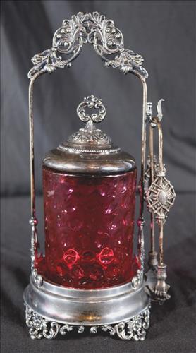 Antique Victorian silver-plate pickle caster, cranberry: Antique Victorian silver-plate pickle caster with cranberry insert, 10 in. T.