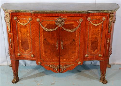 Marble top and ormolu mounted commode: Marble top and ormolu mounted commode in the Louis XV style, 39 in. T, 82 in. L, 22 in. D.