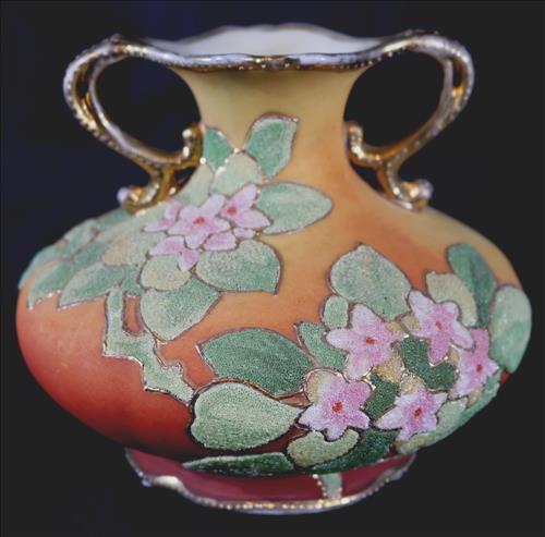 Nippon double handle coralene vase with 1909 mark: Nippon double handle coralene vase with 1909 mark, 5 in. T, 7 in. W.