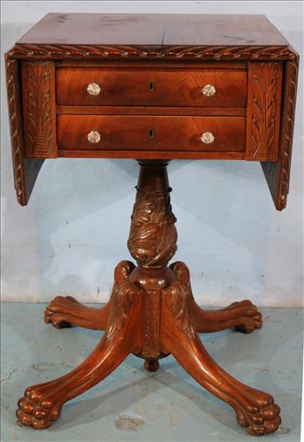 Mahogany Empire 2 drawer drop leaf work table: Mahogany Empire 2 drawer drop leaf work table with claw feet, 28 in. T, 18 in. Sq.
