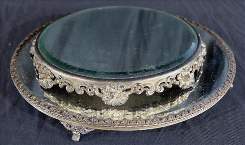 2 silver-plate plateau mirrors, 14 in. dia.: 2 silver-plate plateau mirrors, one is 14 in. Dia. and one is 9.5 in. W. with 11 in. base