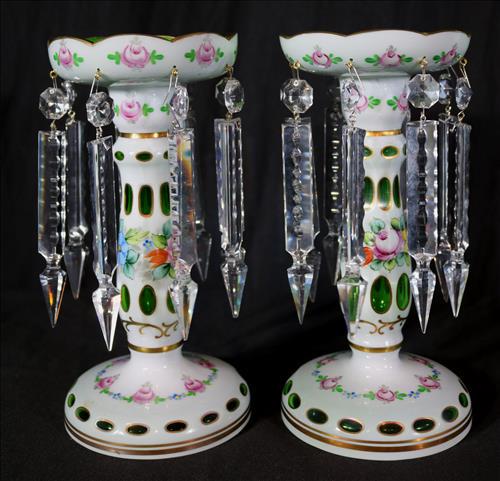 Pair of white cut to green mantle lusters: Pair of white cut to green mantle lusters, 10 in. T, 5 in. Dia.