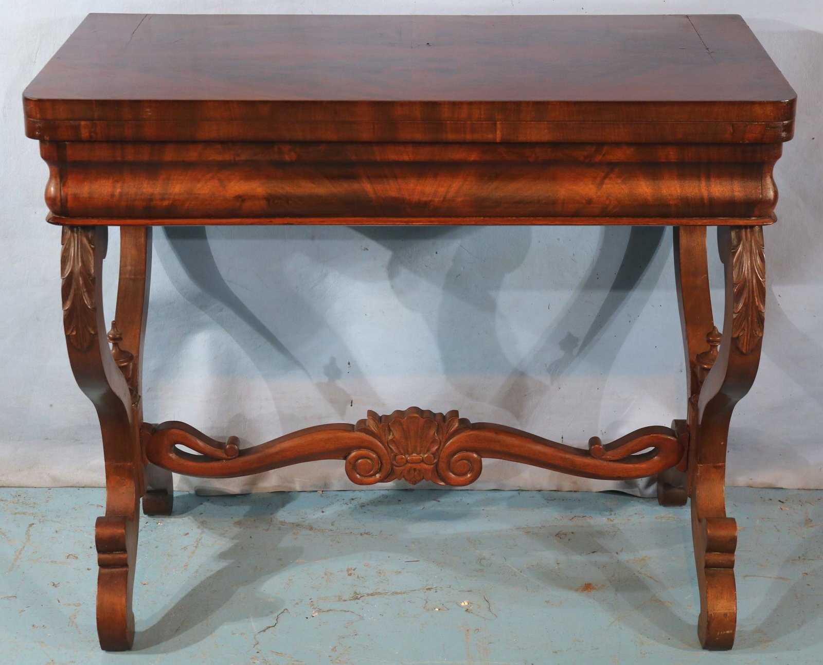 Mahogany Empire folding top game table: Mahogany Empire folding top game table, 29 in. T, 34 in. W, 17 in D.
