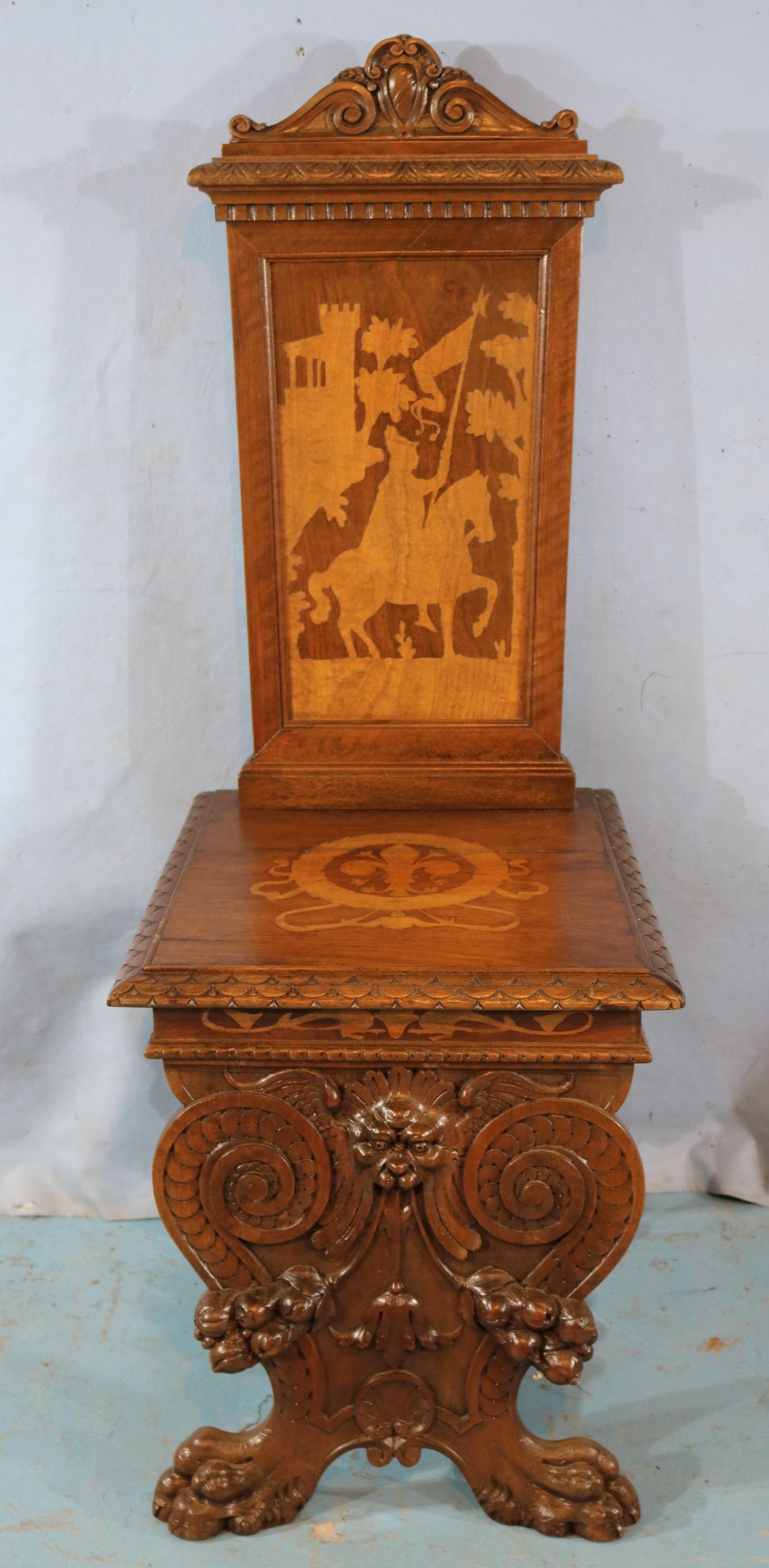 Walnut inlay hall chair, heavily carved front: Walnut inlay hall chair, heavily carved front, 44 in. T, 16 in. W, 18 in. D.