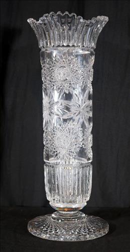 Tall brilliant cut glass flower vase with heavy base: Tall brilliant cut glass flower vase with heavy base, 16 in. T, 6 in. Dia.
