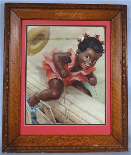 Early print of small girl riding a corn cob: Early print of small girl riding a corn cob, possibly advertisement, 25.5 in. x 21.5 in.