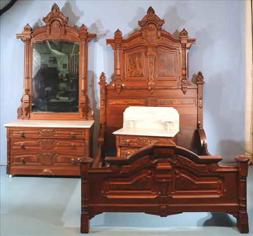 Walnut Renaissance 3 piece bedroom suit: Walnut Renaissance 3 piece bedroom suit with burl trim, beautiful carved crown and diamond dust mirror, attrib. to Thomas Brooks in beautiful condition, 8 ft. 5 in. T, 57 in. W, 76.5 in. L.