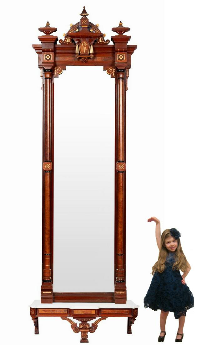 Renaissance Revival Walnut Marble Top Pier Mirror: Fine Victorian Renaissance Revival Walnut Marble Top Pier Mirror with Gilt and Ebonized Incising in excellent condition. H. 8 ft, 9 in. , W. 3 ft. ,2 in.