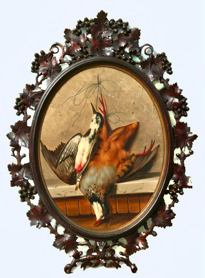 Michelangelo Meucci Game Bird Oil on Wood Panel: Outstanding Example of a Michelangelo Meucci Game Bird Oil on Wood Panel in an original Extravagant pierced carved Leaf and Acorn Walnut Victorian / Black Forest Frame, Signed and Dated, M. Meucci, Fi