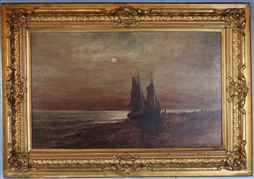 19th Century oil on canvas of landing ship scene (1 of 5)