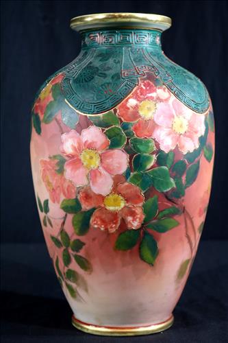 Heavy hand painted Nippon vase, 13 in. T, 4 in. Dia. (1 of 3)