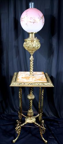 Victorian brass and onyx piano lamp, 60 in. T.: Victorian brass and onyx piano lamp signed Rochester, was oil, 60 in. T, 18 in. Sq.