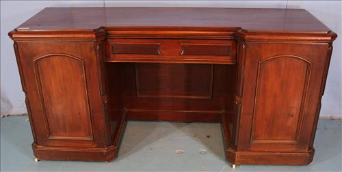 Mahogany English sideboard with storage ends: Mahogany English sideboard with storage ends and center drawer, 38 in. T, 77 in. W, 25 in. D.