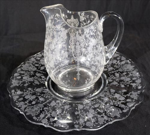 2 pcs. of etched Fostoria crystal pitcher and tray (1 of 3)