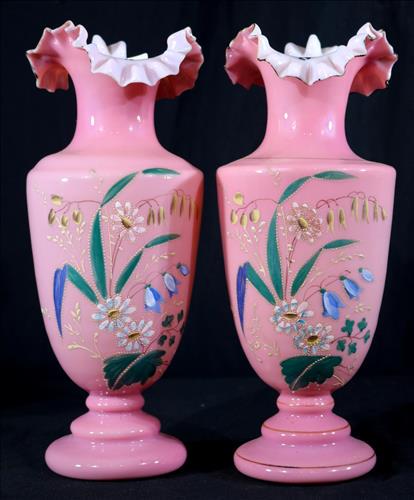Pair of Bristol fluted top hand blown vases (1 of 4)