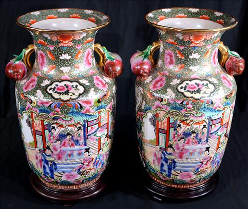 Pair of Oriental vases on wood stand (1 of 3)