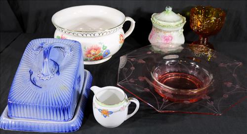 6 pcs. miscellaneous depression glass and porcelain (1 of 2)