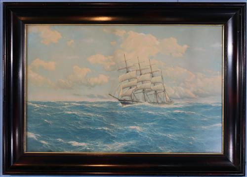 Old print of a ship at sea in wooden frame, 46 x 31 (1 of 3)