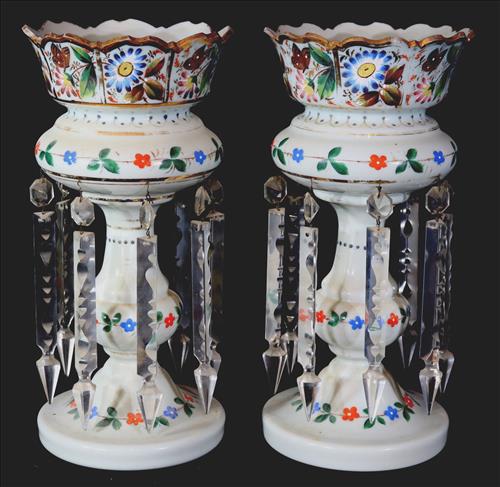 Pair of white Victorian mantle lusters: Pair of white Victorian mantle lusters with enamel paint and flowers, 14.5 in. T, 7 in. W.