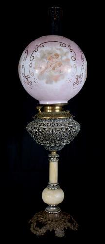 Victorian hand painted lamp with cherub shade: Victorian hand painted lamp with alabaster base and pink cherubs on shade, 32 in. T.