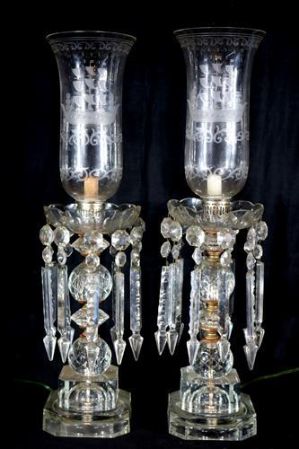 2 piece hurricane prism lamps, 24 in. T.: 2 piece hurricane prism lamps with etched sail boats on shades, 24 in. T.