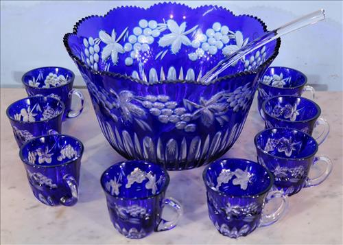 Blue cut crystal punch bowl with ladle (1 of 3)