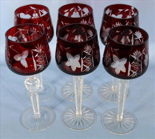 Set of 6 tall ruby wheel cut wine glasses: Set of 6 tall ruby wheel cut wine glasses, 8 in. T.