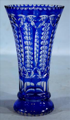 Blue cut to clear vase, 10 in. T, 6 in. Dia. (1 of 3)