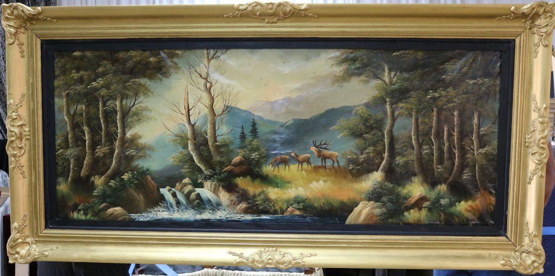Large oil on canvas of deer in forrest with repairs: Large oil on canvas of deer in forrest in very ice oversize old gilded frame, 40 in. T, 85 in. L, canvas has old repairs
