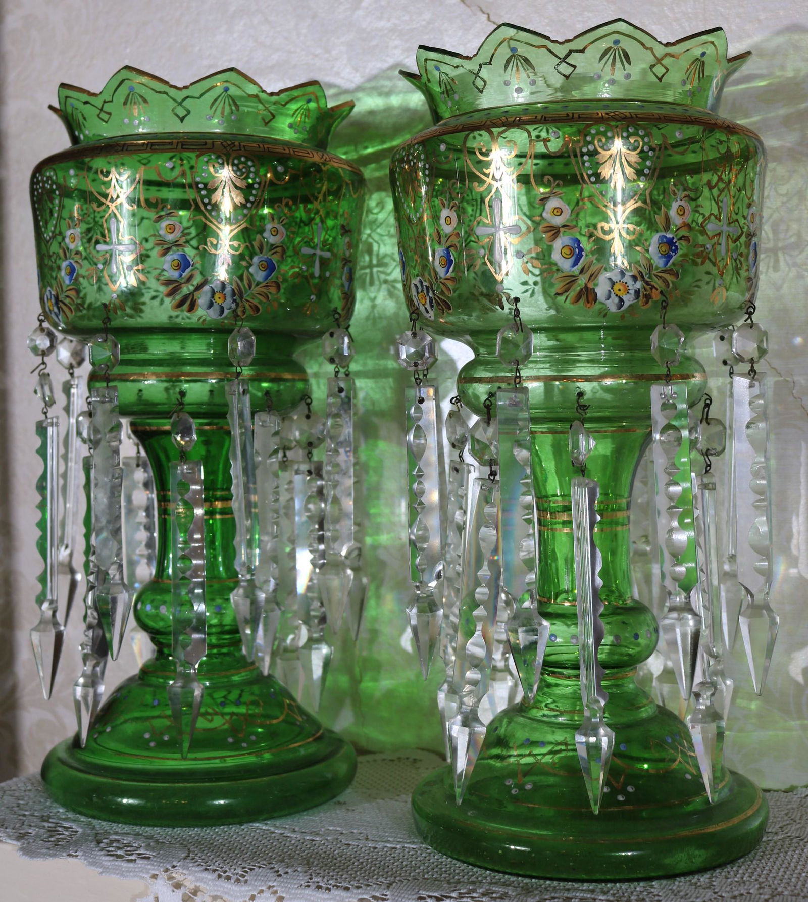Pair green mantle lusters: Pair green mantle lusters with gold enamel paint, 15 in. T. with 7 in. prisms
