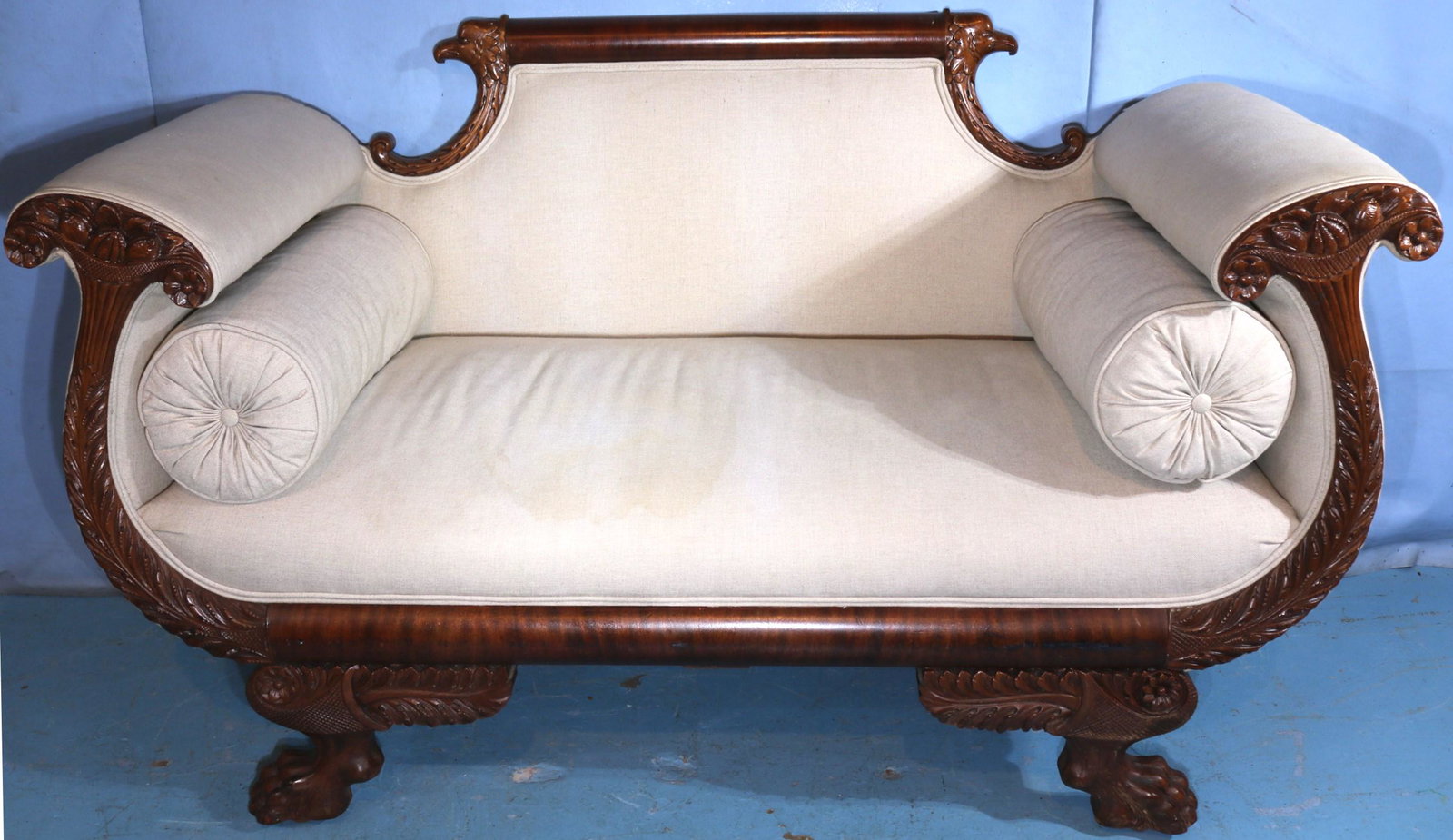 Federal mahogany love seat with cornucopia: Federal mahogany love seat with cornucopia arms and eagle back, 35 in. T, 58 in. L, 21 in. D.