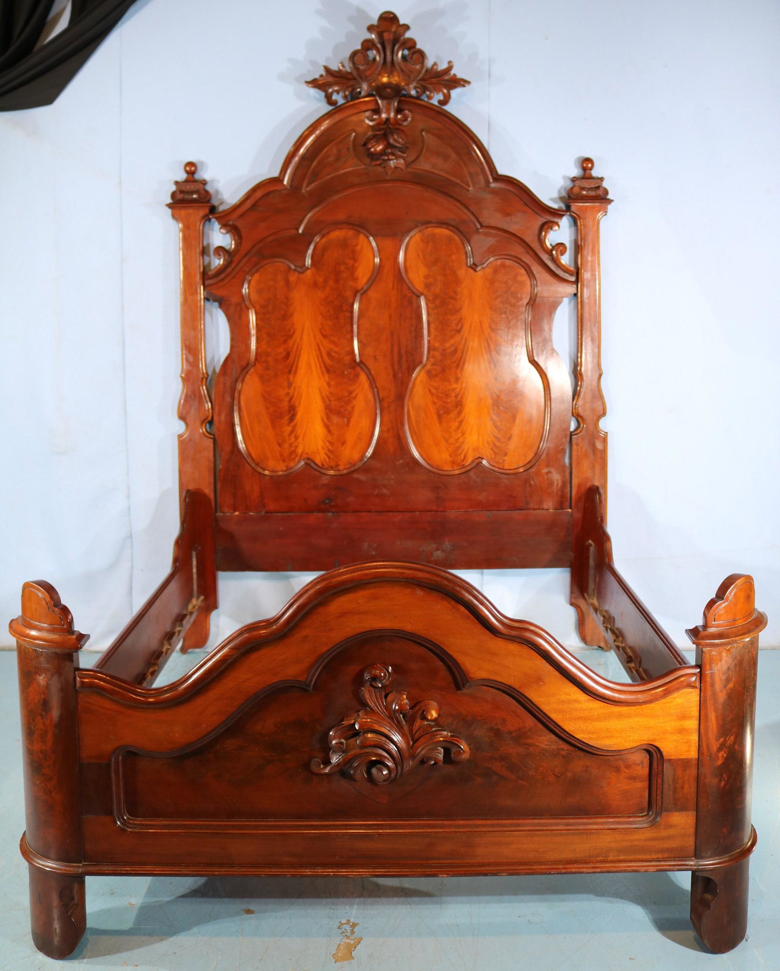 Walnut Victorian high back bed: Walnut Victorian high back bed, Mitchell and Rammelsberg, 94 in. T, 59 in. W, 77 in. L.