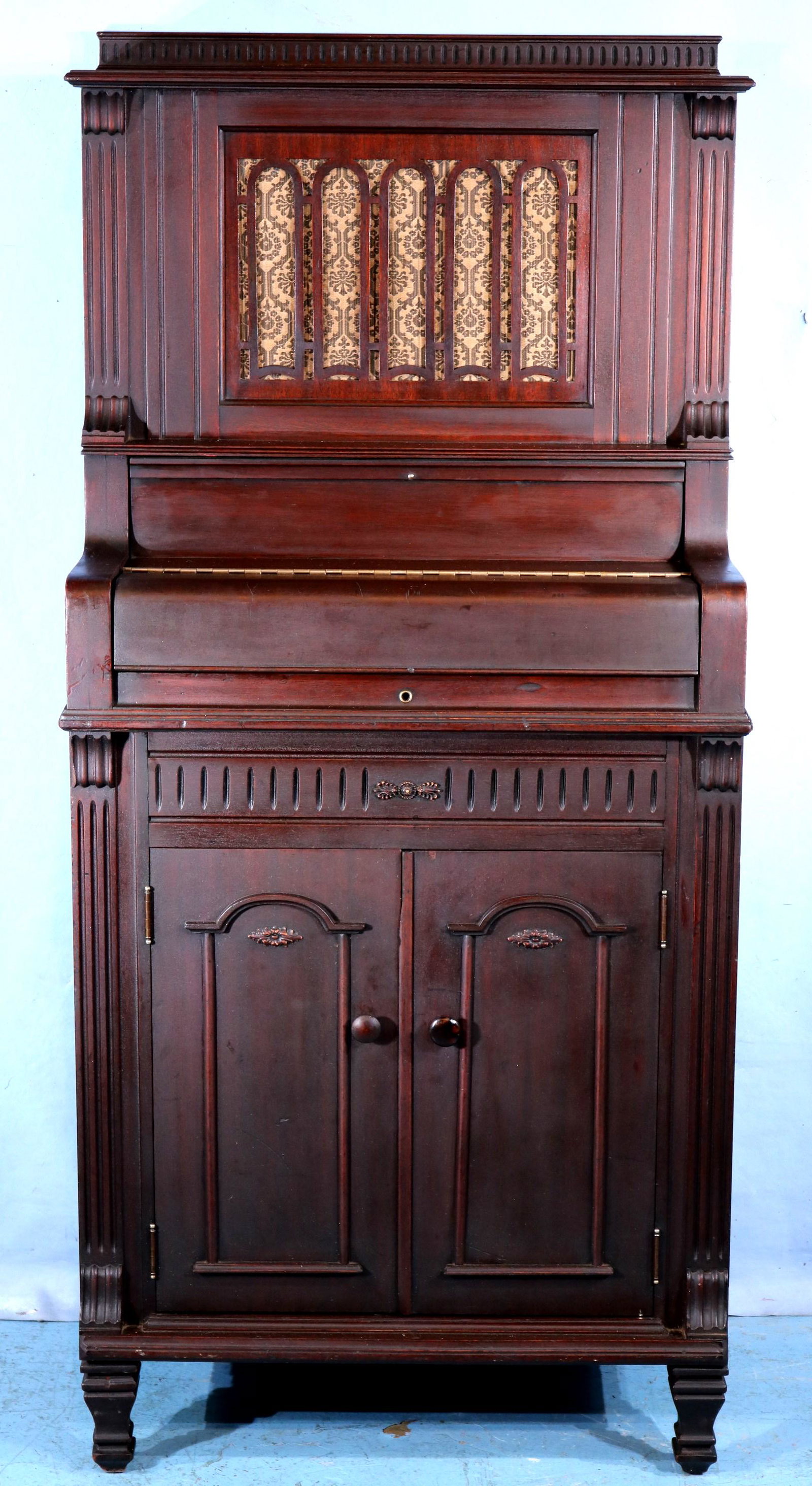 Standup piano style Victrola: Unusual mahogany standup piano style Victrola made by musician, ca. 1900, needs restoration