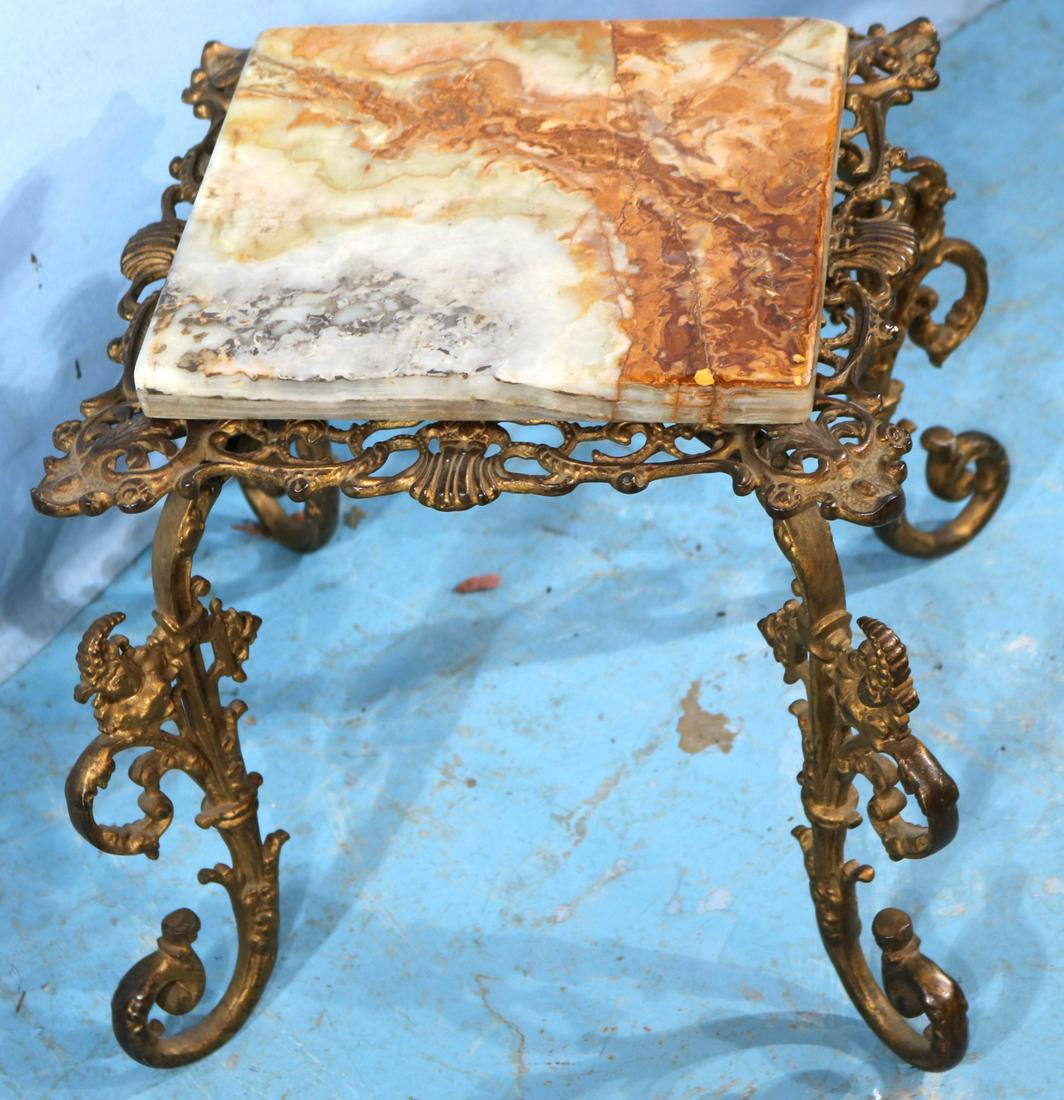 Victorian brass plant stand with alabaster top: Victorian brass plant stand with alabaster top, 13 in. T, 14 in. Sq.