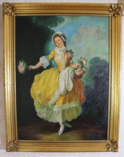 Oil on canvas of flower girl, 47 x 37: Oil on canvas of flower girl with yellow dress in wonderful gold frame, signed Margaret Stark, ca. 1932, 47 in. x 37 in.