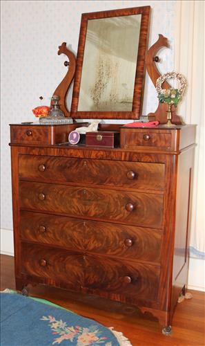 Mahogany Empire Gents dresser: Mahogany Empire Gents dresser with glove boxes, ogee mirror and wood pulls, 79 in T, 45 in W, 19 in. D.