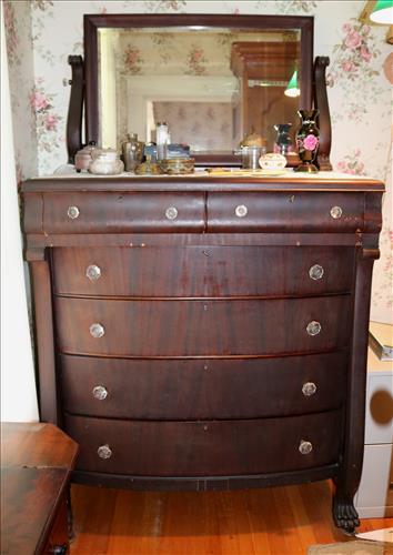Mahogany Empire revival highboy chest: Mahogany Empire revival highboy chest with 6 drawers and mirror, 73 in. T, 43 in. W, 23 in. D.