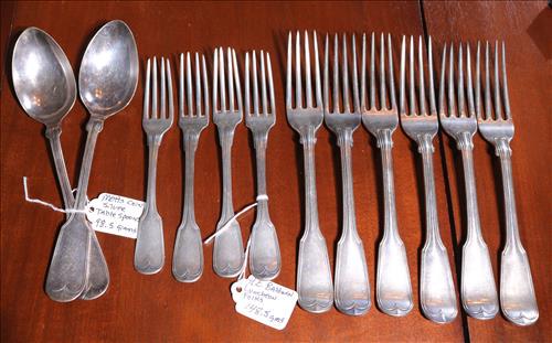 12 pieces of coin silver flatware: 12 pieces of coin silver flatware, Motte and Baldwin
